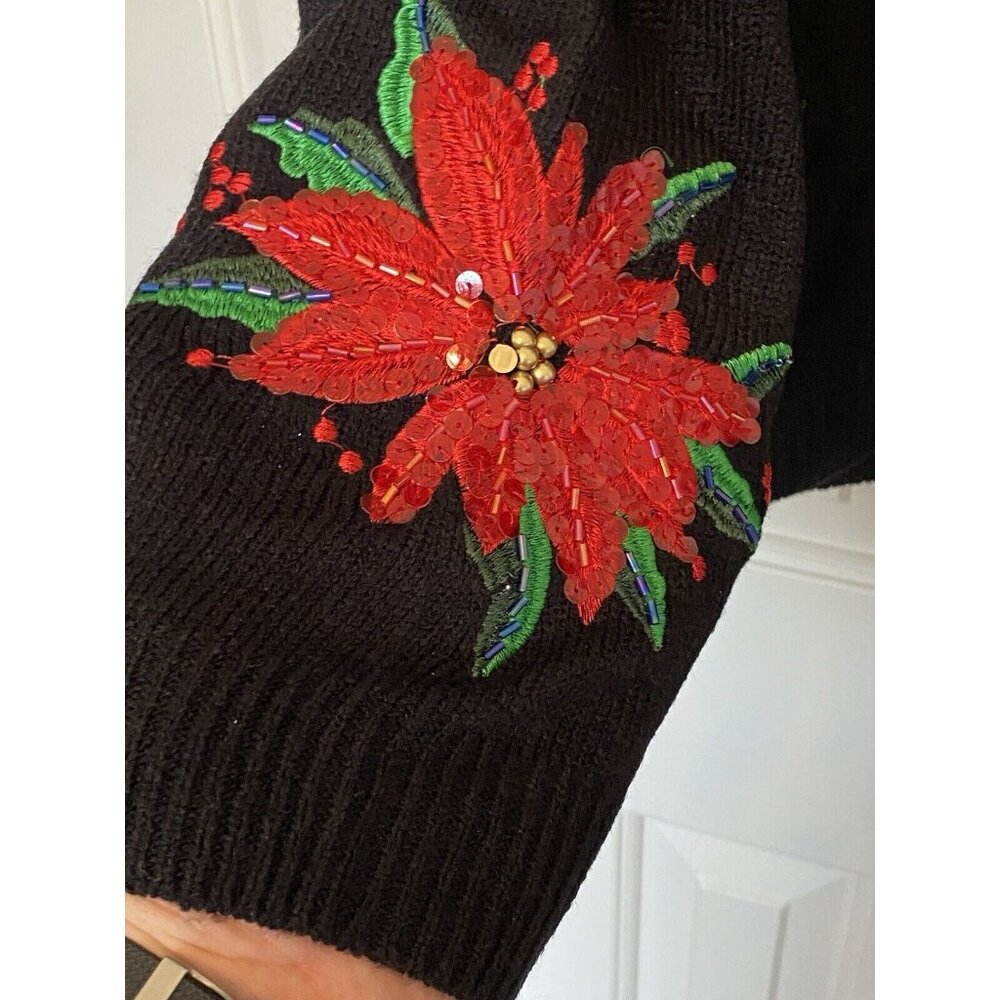 Collections Etc Black Holiday Christmas Ugly Sweater Women's L Floral Poinsettia - Picture 7 of 7